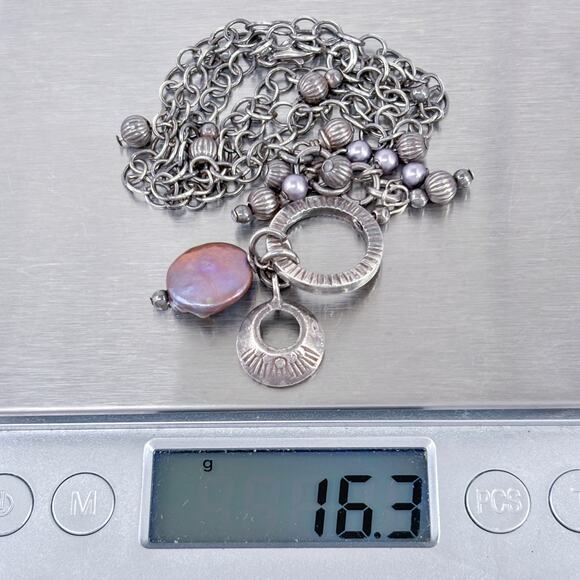 Purple Pearl Dangle Necklace | Sterling Silver 925 Layered Chain 17” - Picture 6 of 10